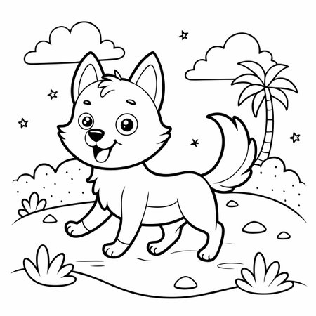 Cute Dog Running Joyfully on a Pristine Beach Coloring Page for Kidsのイラスト素材