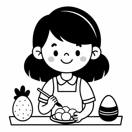 Adorable Girl Diligently Coloring Festive Easter Eggs on Printable Coloring Pageのイラスト素材