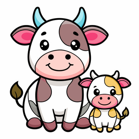 Adorable Kawaii Cow and Baby Animal Cartoon Coloring Pageのイラスト素材
