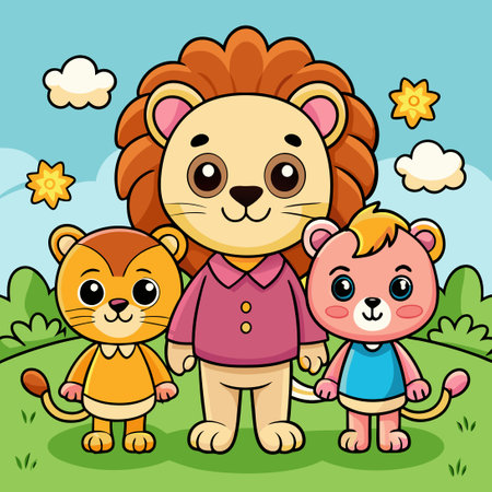 Adorably Cute Kawaii Lion Family with Baby Lion Cub Cartoon Charactersのイラスト素材