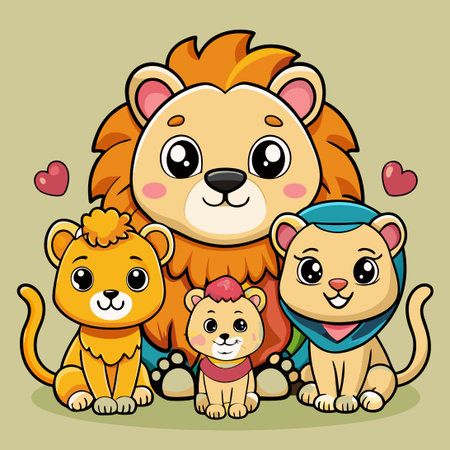 Adorable Kawaii Lion Family and Baby Cartoon Characters in a Sweet Embraceのイラスト素材
