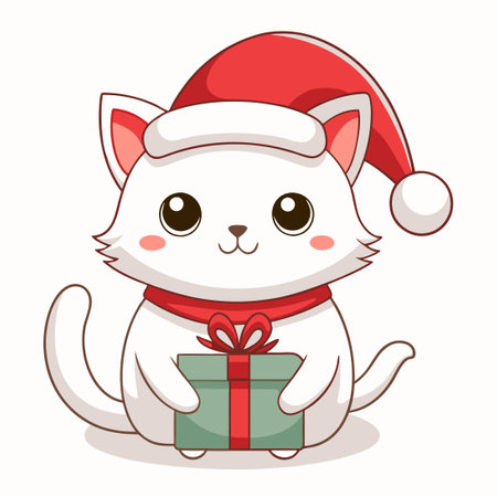 Festive Feline: Adorable White Cat Adorned in a Santa Hat with a Giftのイラスト素材