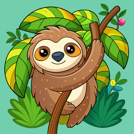 Adorable Sloth Hanging from a Tree Branch Coloring Pageのイラスト素材