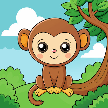 Adorable Kawaii Monkey Perched on a Tree Branch in Cartoon Style
