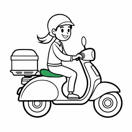 Dedicated Food Delivery Woman Navigating the Streets on Her Green Motorcycleのイラスト素材