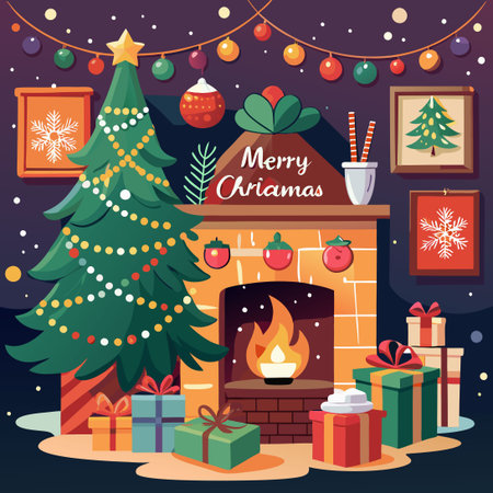 Christmas Cheer in a Quaint Snowy Setting with a Cozy Warm Fireplaceのイラスト素材
