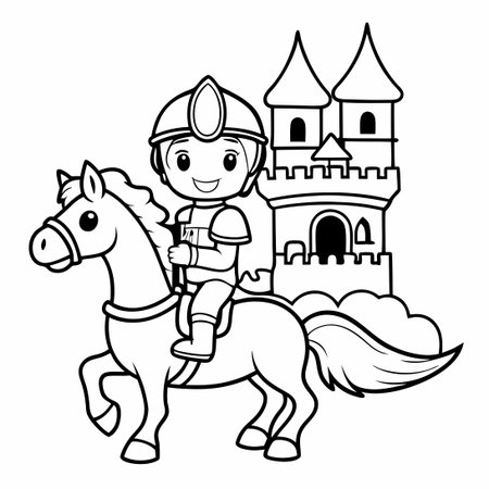 Valiant Knight on Horseback Approaches Enigmatic Castle Amidst Misty Woodsのイラスト素材