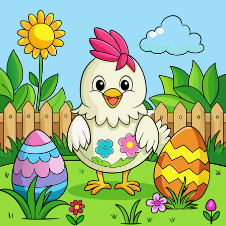 Cute Baby Chicken Hatchling in a Vibrant Spring Gardenのイラスト素材