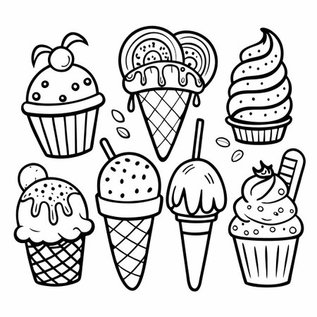 Set of Outline Ice Cream Cones for Coloring and Decorationのイラスト素材