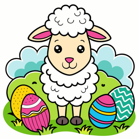 Easter-Themed Coloring Page Depicting Sheep and Colorful Easter Eggsのイラスト素材