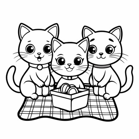 Three Adorable Cats Embark on a Picnic Adventure Coloring Pageのイラスト素材