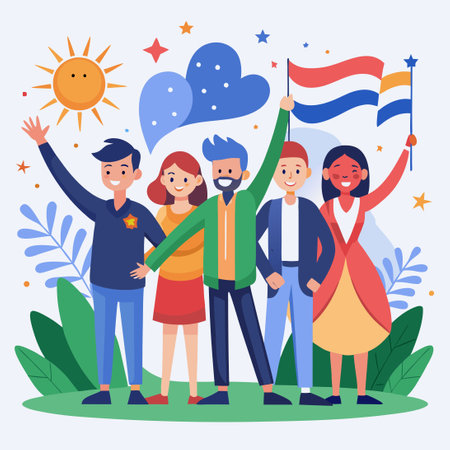 Joyful Independence Day Celebration with Friends and Fireworksのイラスト素材