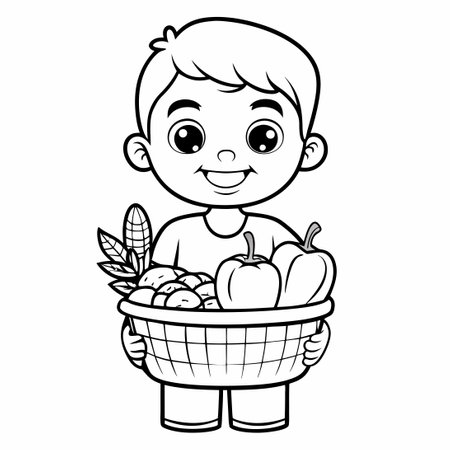 Young Boy Holding Fruits and Vegetables Coloring Page, Fun Educational Activityのイラスト素材