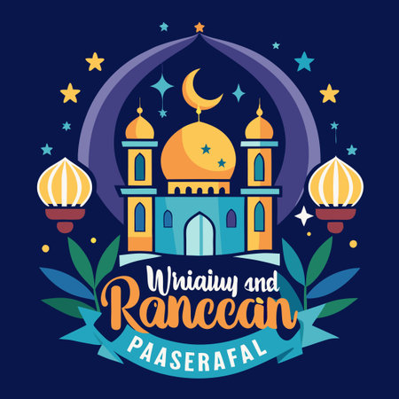 Tranquil Wishes for a Peaceful and Blessed Ramadan with Crescent Moon and Lanternのイラスト素材