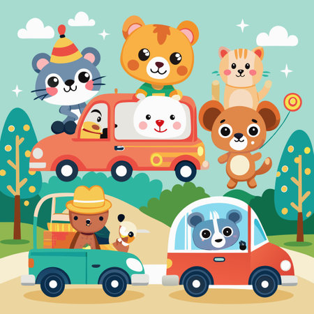Adorable Animal Car Crews Embark on a Joyride Adventureのイラスト素材