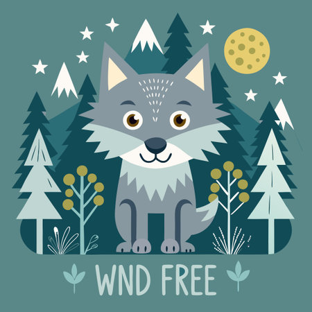 Funny and Adventurous Forest Print with a Cute Wolfのイラスト素材