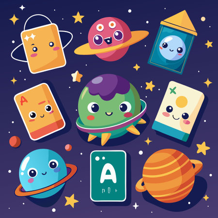 Adorable Space Flashcards for Learning Astronomy with Cartoon Charactersのイラスト素材