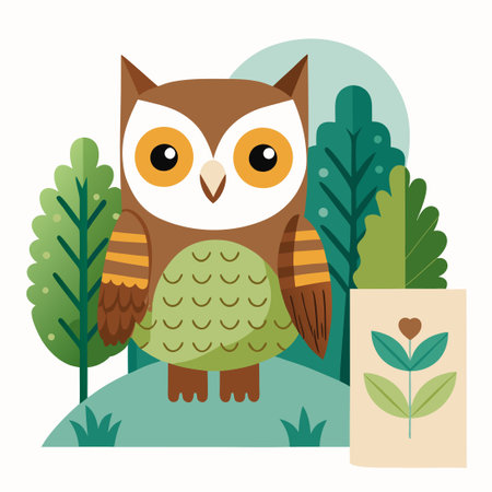 Woodland Print Featuring an Adorable Owl Forest Characterのイラスト素材