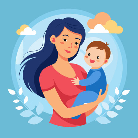 Joyous Motherhood: Mom Raising Her Cherished Infant Above Her Head with Tender Loveのイラスト素材