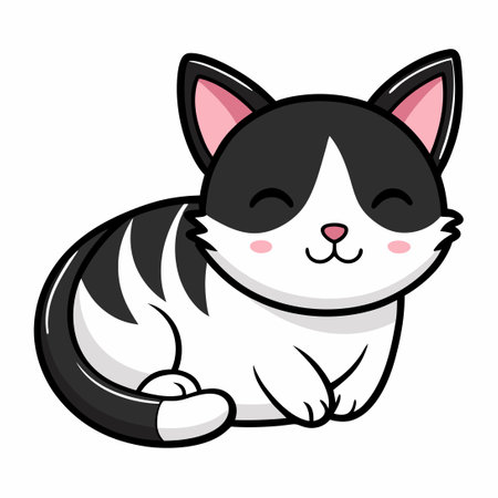Adorable Black and White Cat Curled Up Asleep with a Funny Expressionのイラスト素材
