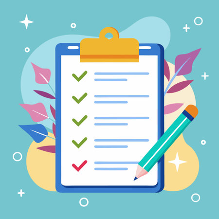 Clipboard with checklist and pencil. Flat design vector illustration.のイラスト素材