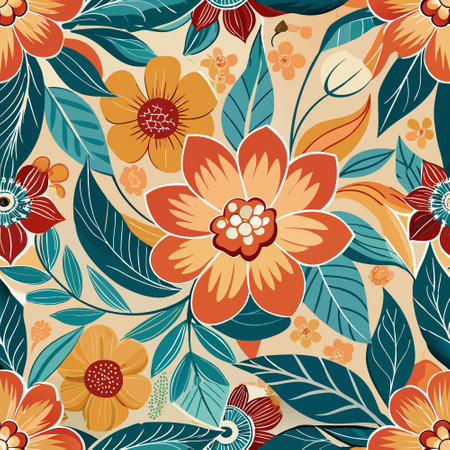 Seamless Floral Pattern with Delicate Leaves and Vibrant Bloomsのイラスト素材