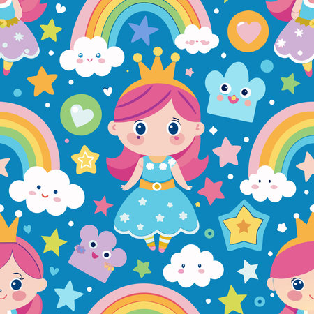 Adorable Seamless Pattern Featuring Rainbows and Princesses for Baby Girlsのイラスト素材