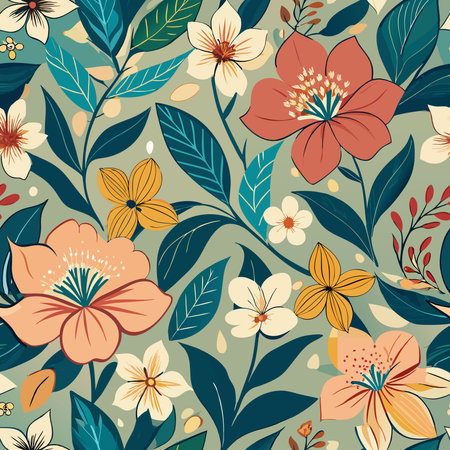 Delicate Floral Pattern of Flowers and Leaves with a Seamless Design