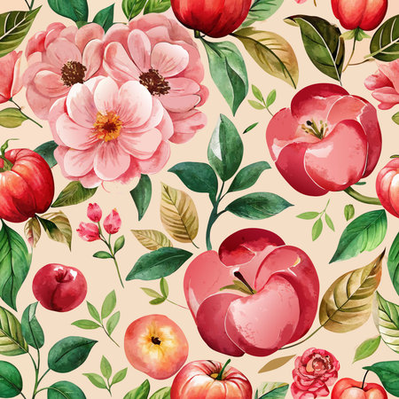 Enchanting Watercolor Still Life of Pink Flora and a Luscious Apple