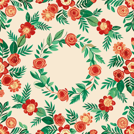 Seamless Floral Wreath Pattern with Six Unique Floral Designsのイラスト素材