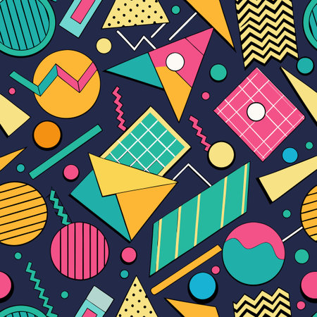 Vibrant Abstract Memphis Vector Seamless Pattern with Geometric Shapes and Retro Hues