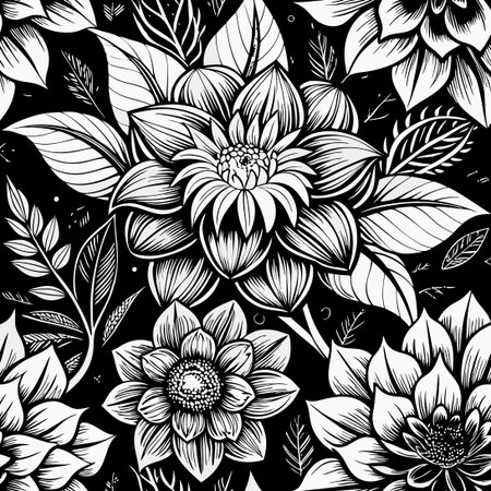 **** Hand-Drawn Seamless Floral Pattern in Black and Whiteのイラスト素材