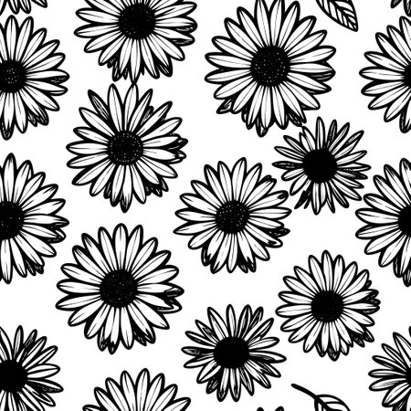 Ditsy Daisies in Black and White Hand-Drawn Vector Artのイラスト素材