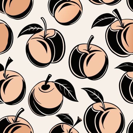 Hand Drawn Peach Fruit Vector in Black and White with Seamless Pattern