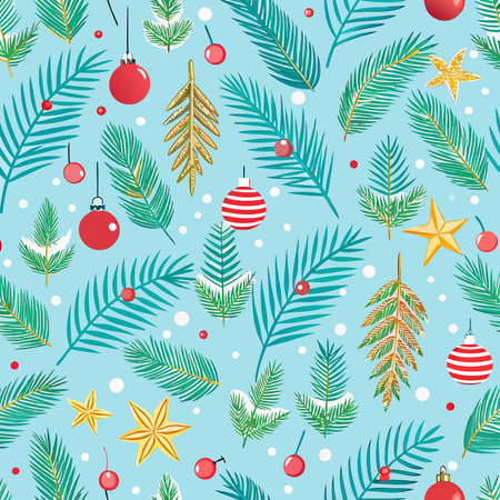 Christmas Seamless Pattern of Ornamented Fir Branches on a Light Background
