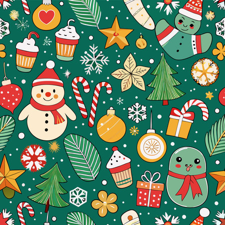 Enchanting Hand-Drawn Christmas Seamless Pattern with Seasonal Elements