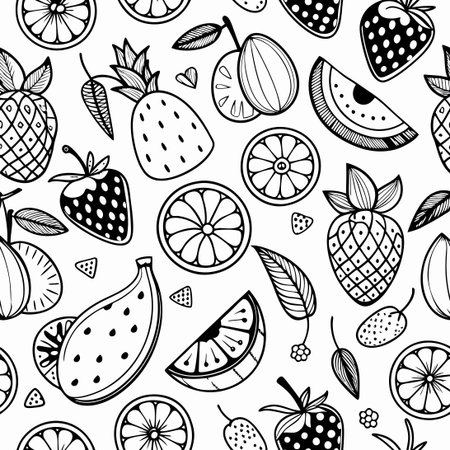Black and White Doodle Fruits Seamless Pattern for Fabrics and Wallpapers
