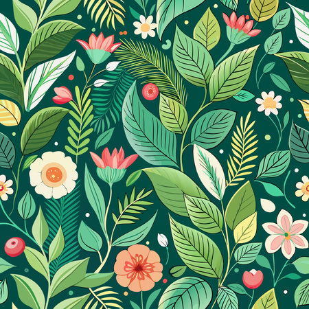 Exquisite Seamless Pattern of Verdant Greenery with Flowers and Leavesのイラスト素材