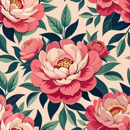 Delicate Floral Seamless Pattern Adorned with Blooming Pink Peoniesのイラスト素材