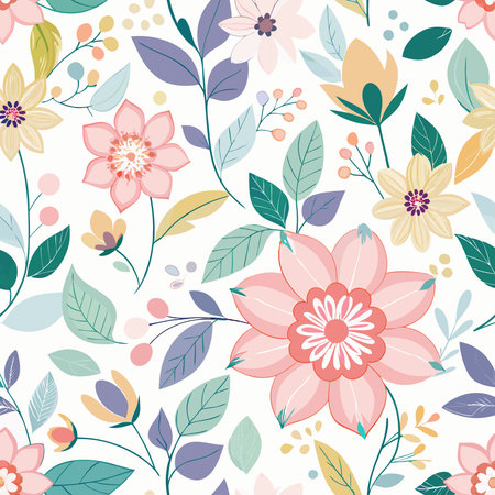 Pastel Floral Seamless Pattern with Dainty Blooms on a White Background (2)