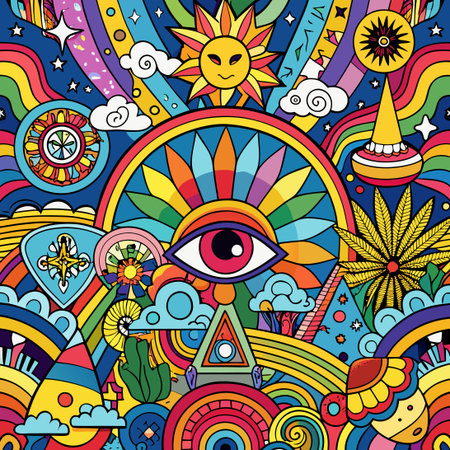 Vibrant Hand-Drawn Groovy Psychedelic Vector Seamless Pattern with Retro Motifs