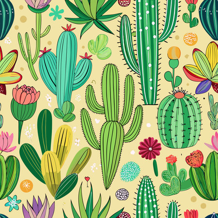 Hand-Drawn Seamless Pattern with a Vibrant Array of Cacti and Succulents