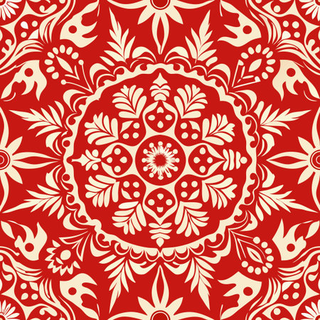 Intricate Folkloric Seamless Pattern Ornament Illustration with Vibrant Colorsのイラスト素材