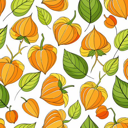 Seamless Pattern of Vibrant Physalis Flowers Adorned on a White Backgroundのイラスト素材