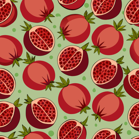 Vector Seamless Pattern of Ripe Pomegranates with Green Leaves and Blossomsのイラスト素材