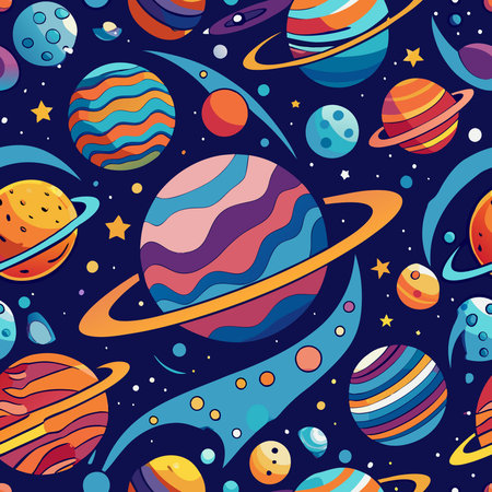 Psychedelic Space Planets Seamless Vector Pattern with Vibrant Colors and Geometric Designs