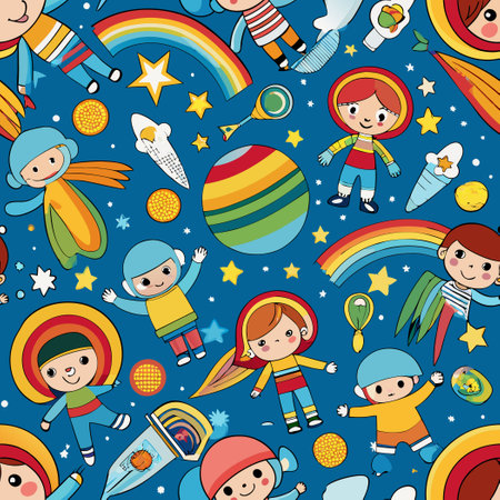 Rainbow and Space-Themed Children's Pattern with Joyful Designsのイラスト素材