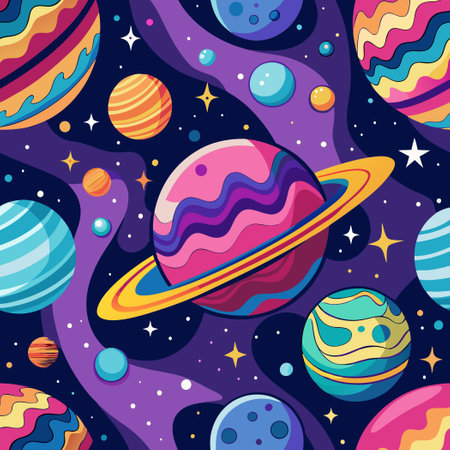 Vibrant Psychedelic Space Adventure with Seamless Planetary Patternのイラスト素材