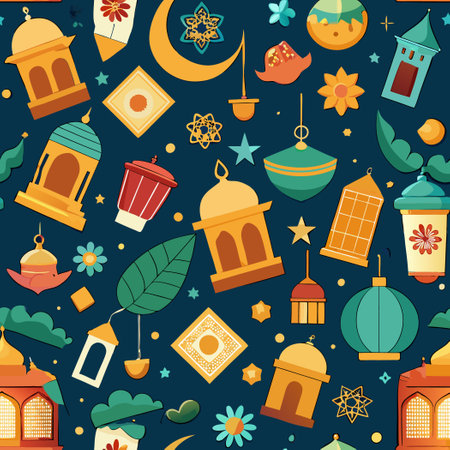 Seamless Ramadan Pattern with Traditional Crescent Moon and Stars Motifsのイラスト素材