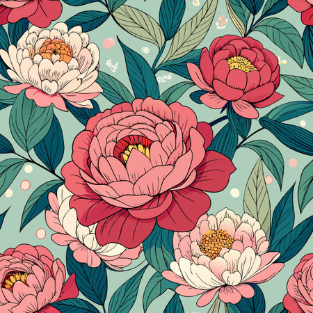 Seamless pattern with peony flowers and leaves. Vector illustration.のイラスト素材